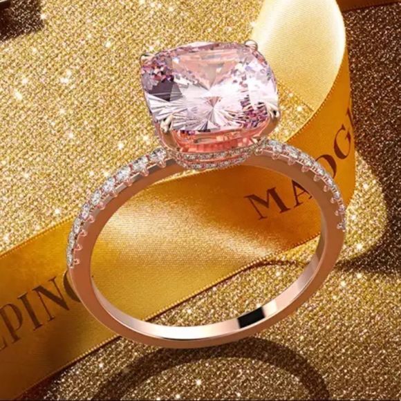 Diamond Under Halo Ring with 5 Carat Cushion Cut‎ Morganite Engagement Ring - Picture 6 of 17